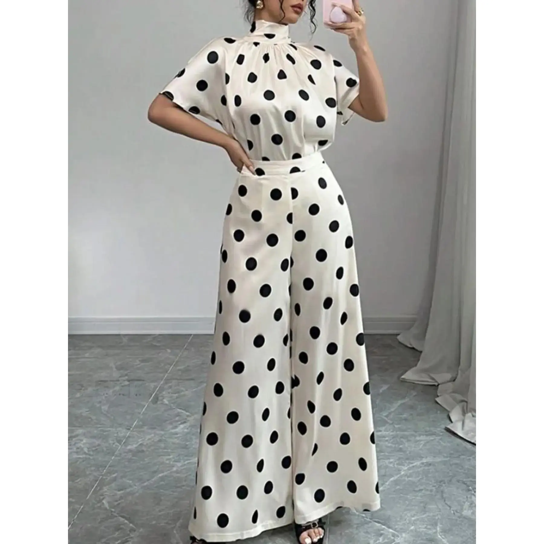 Women's Fashion Polka Dot Set, High Neck Short Sleeve Satin Blouse Top with Tie Back + Wide Leg Pants, Casual for Everyday Wear, Womenswear