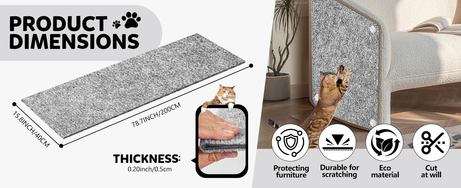 Cat Scratch Couch Furniture Protector,Trimmable Self-Adhesive Cats Claws Scratch Pads, Sisal DIY Climbing Couch Protector for Scratch Post Cat Tree Replacement Indoor(Light Gray, 78.7"x15.8")