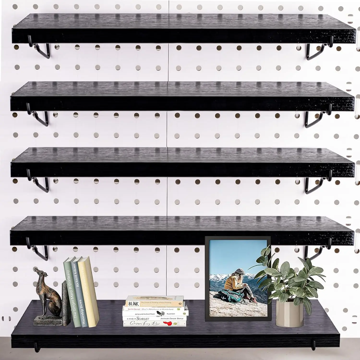 Black Pegboard Shelf, 4 Pack Wooden Pegboard Shelves with Metal Brackets Hooks, Heavy Duty Peg Board Organizer Shelves, Pegboard Accessories Organizer for Crafts Room, Garage, Workbench, Office