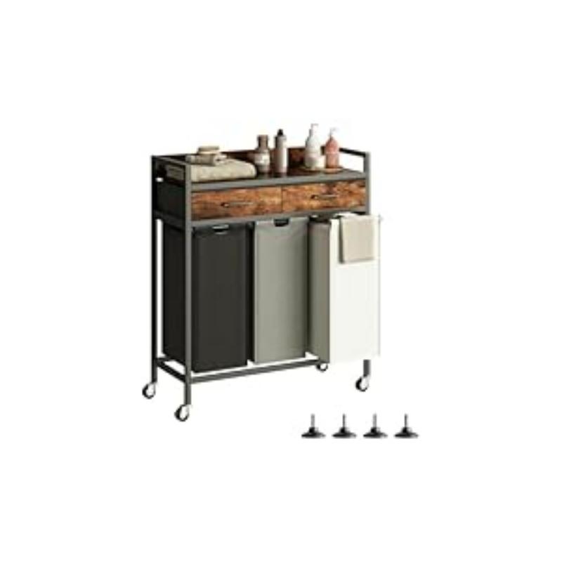 Laundry Hampers with Shelf, Laundry Basket 3 Section, Laundry Sorter with Pull-Out Removable Large 3 Color Bags and Movable Wheels, Metal Frame, 3 x 15.87 Gallons (60L), Rustic Brown PF04XLN