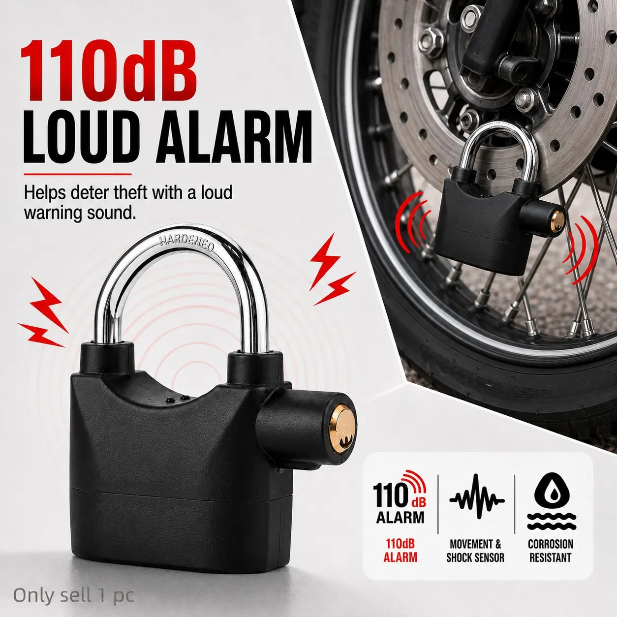 110dB Loud Alarm Hanging Lock, Outdoor Anti-Theft Padlock with Detachable U Shackle and 3 Keys, Security Lock for Garages, Fences, Sheds, Bikes, Scooters and Motorcycles