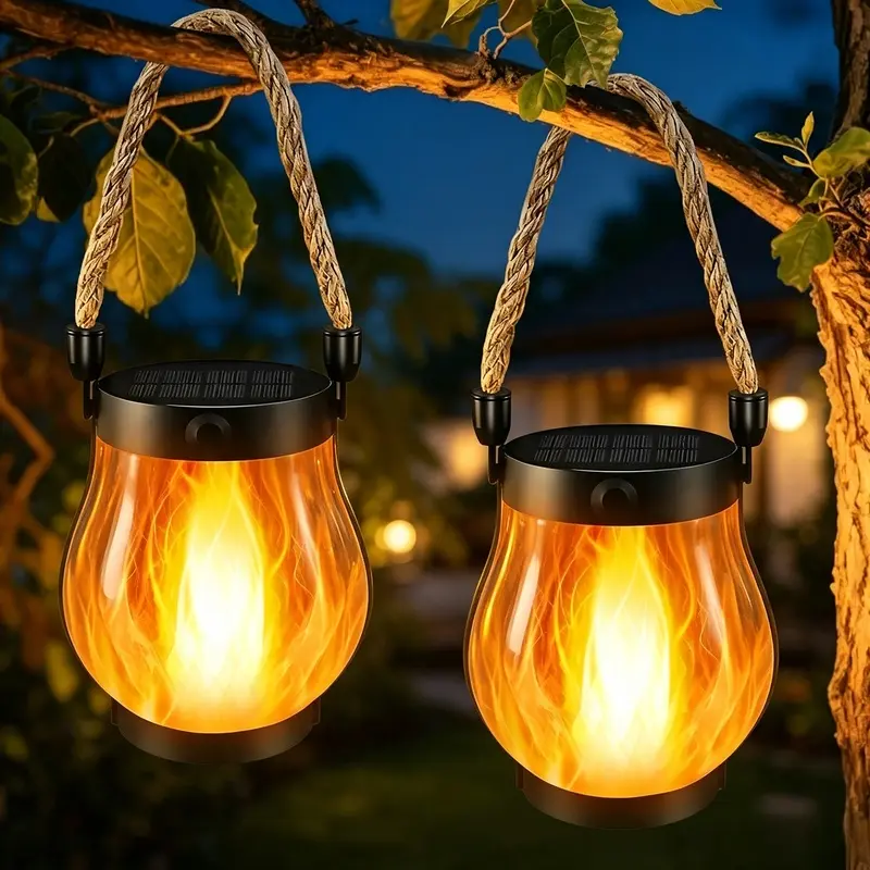 Solar Flame Lantern, 2nd Gen Flickering Flame Light, Solar & Type-C USB Rechargeable, Waterproof Hanging Outdoor Lamp for Patio Camping Garden Decor