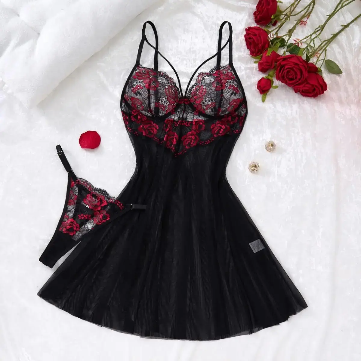 Gothic Romance Lace Chemise Set – Black & Red Rose Embroidered Nightgown with Sheer Mesh Panels