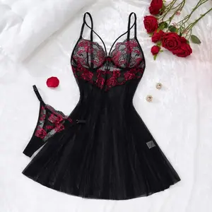 Gothic Romance Lace Chemise Set – Black & Red Rose Embroidered Nightgown with Sheer Mesh Panels