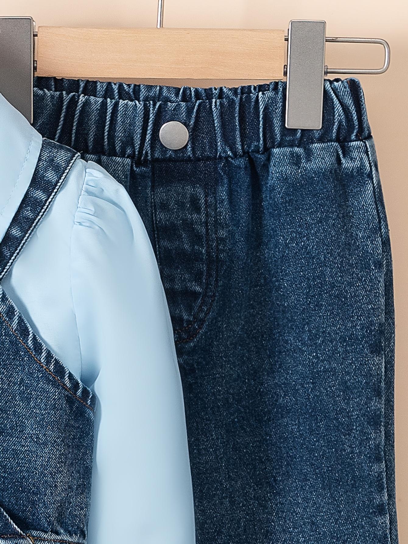 (New)3pcs Set for Girls: Solid-Color Long Sleeve Shirt, Denim Vest, Bead-Decorated Flared Bell-Bottom Jeans |     Casual Daily Wear, Non-Stretch Fabric, Regular Fit, for Outdoor(Gift)11