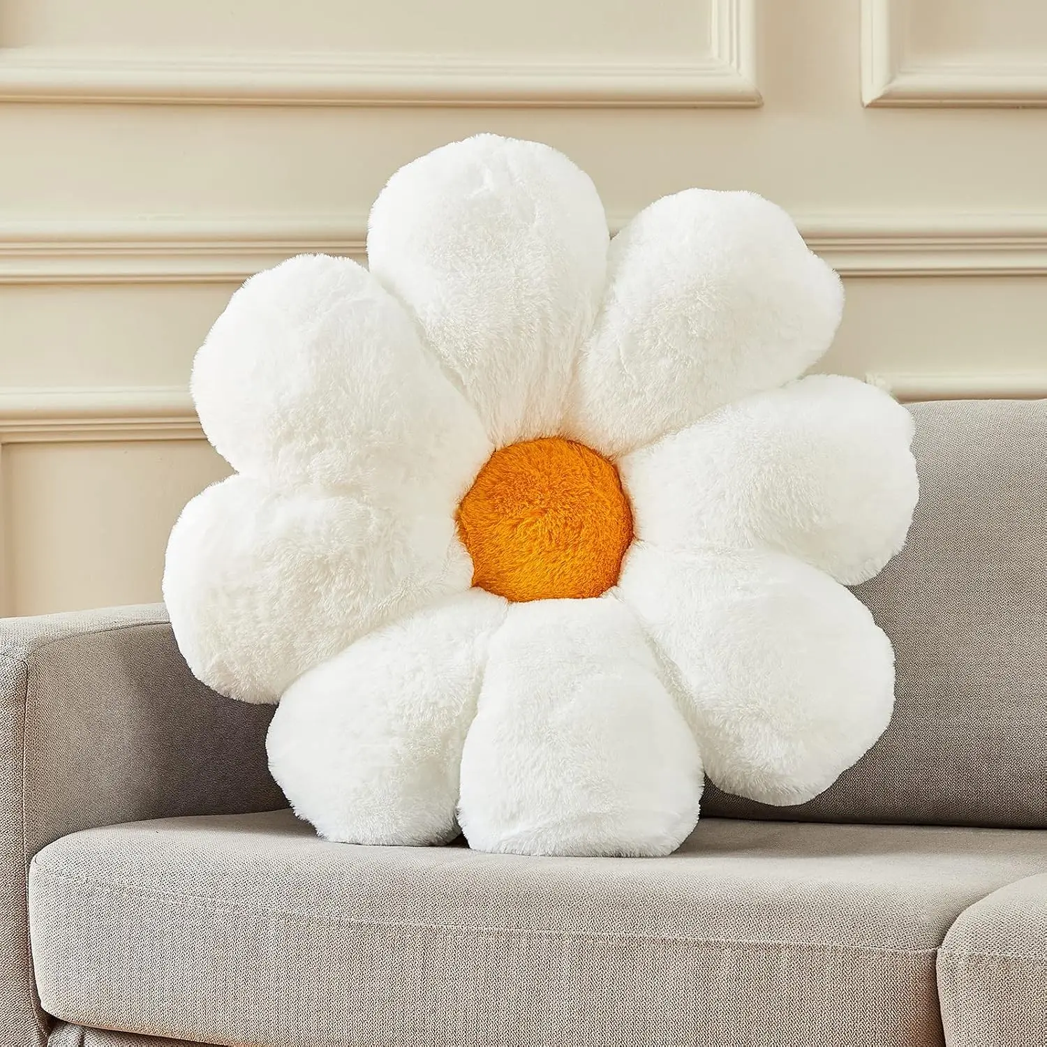 20" Large Flower Pillow Daisy Pillow Seat Cushion – White Faux Rabbit Fur Plush Throw Pillow, Cozy Floor Cushion & Gift for Kids Girls Adults