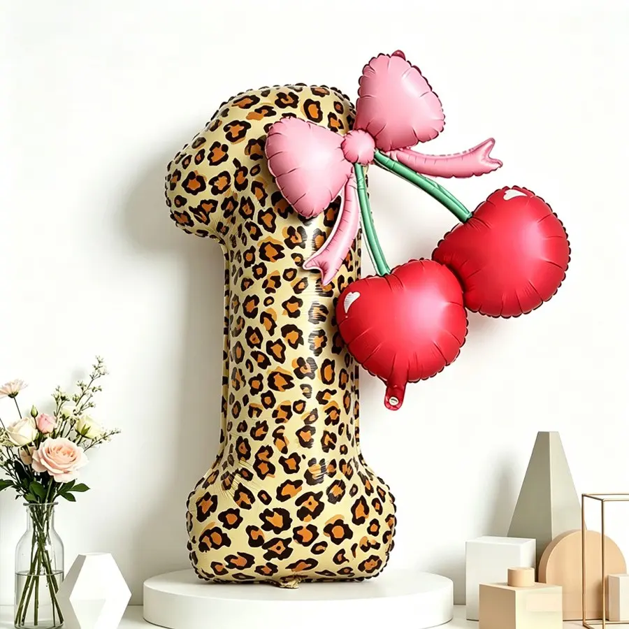 3pcs/set 40 inch leopard print digital cherry bow Party Balloons set with 10 pieces of adhesive, perfect for weddings, birthdays, anniversaries, bachelorette parties, graduation parties, leopard print main party decoration, Birthday Decorations