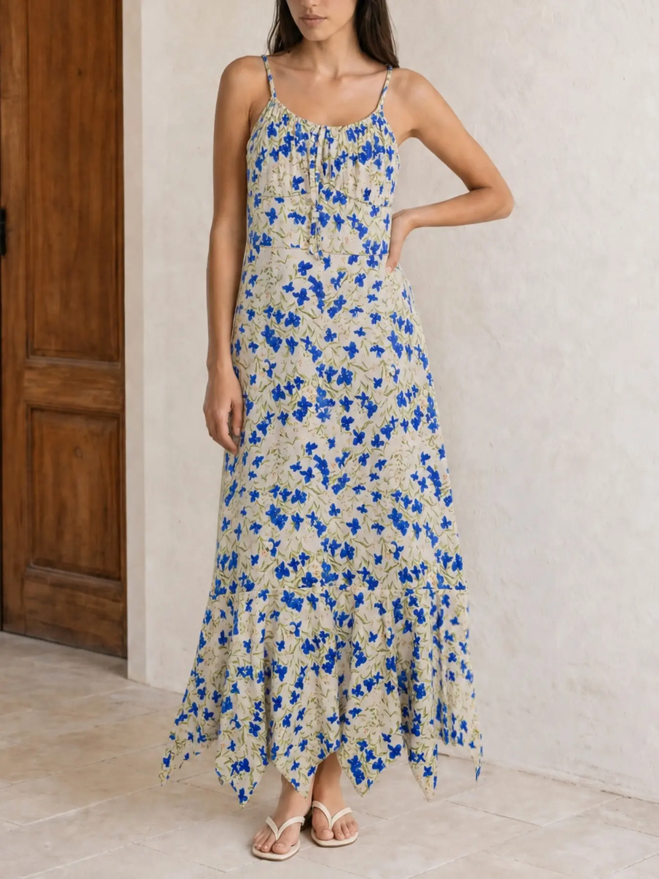 French Style Cream Base Blue Ditsy Floral Spaghetti Strap Dress, Sleeveless Summer Drawstring Bust Midi Dress, Asymmetrical Fishtail Hem Beach Vacation Dress