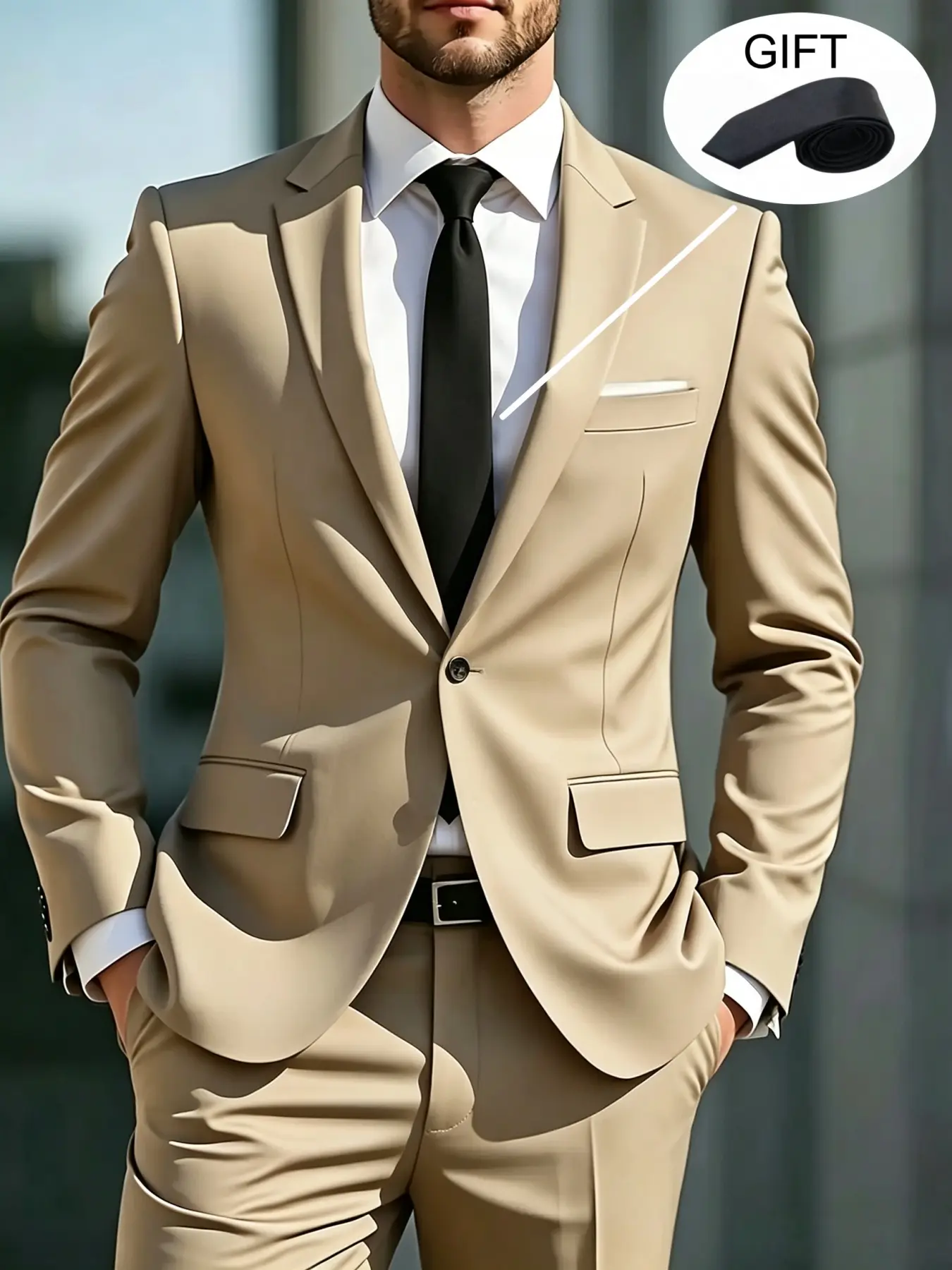 Men's Sophisticated Suit Set Notch Lapel Solid Blazer Pants with Black Tie Elegant Office Party Wedding