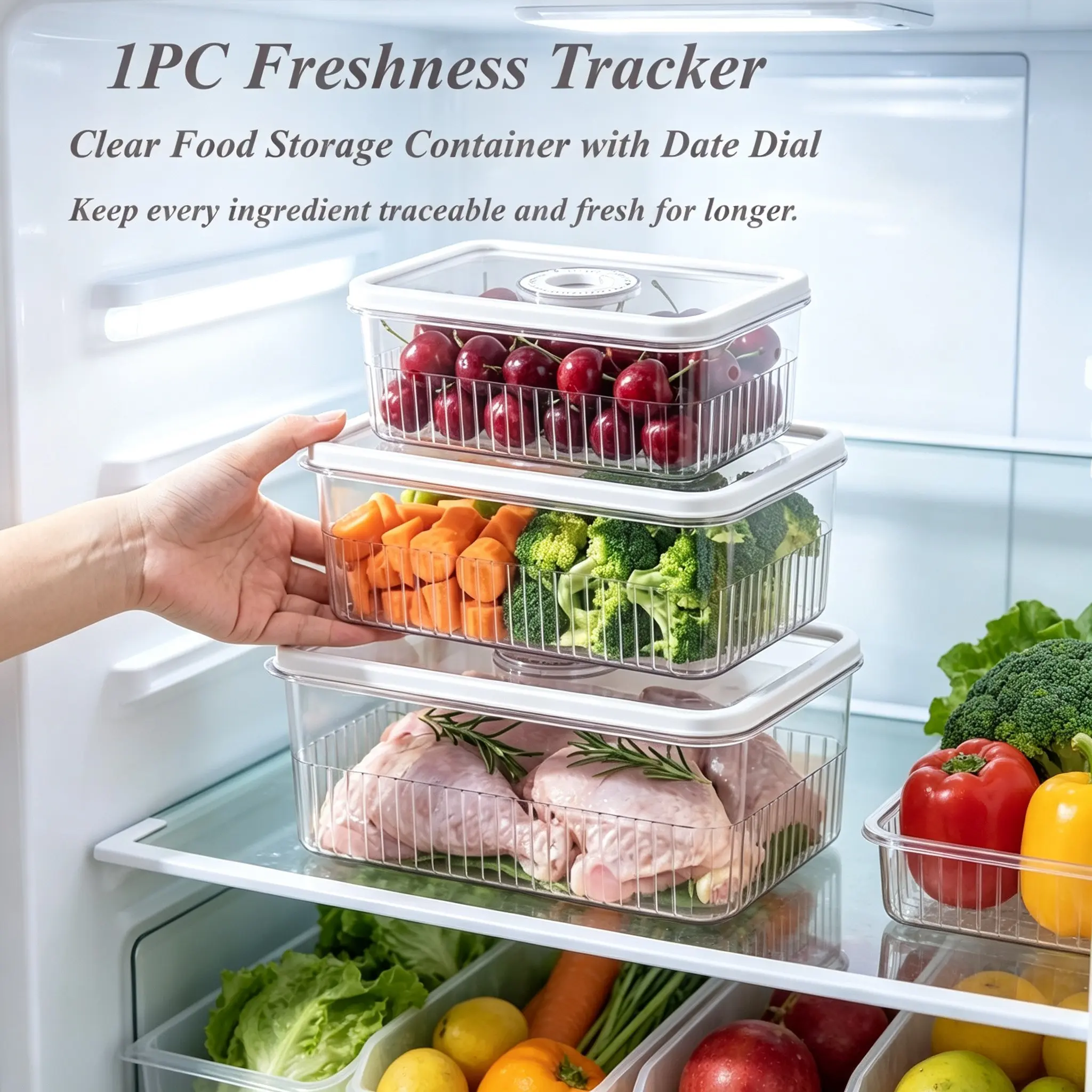 Transparent Food Storage Box with Date Wheel, Stackable Sealed Container, Extend Freshness for Fruits Vegetables Meats, Refrigerator Use, Fridge Organization