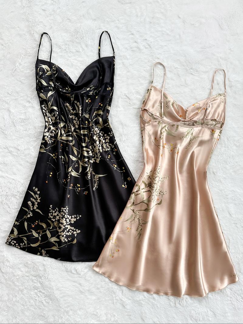 Women's Floral Print Cami Nightdress, Draped Spaghetti Strap Sleeveless Nightgown, Soft Comfy Sleepwear Loungewear Set for Women