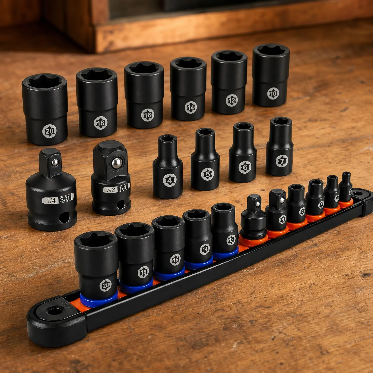 E-Torx Socket Set - 13 External Sockets, 11 Female Star Sockets (E4-E20), 2 Impact Adapters