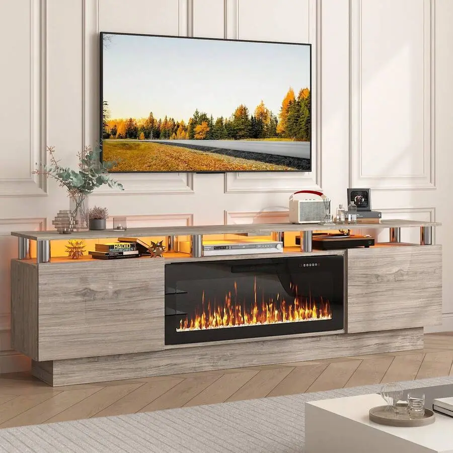 80" Modern Fireplace TV Stand With 36" Electric Fireplace For TVs Up To 90", Stainless Steel Pipe, Luxury LED-Lit Entertainment Center With High-Gloss Grey Cabinet, Perfect For Living Room
