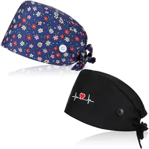 2Pcs Adjustable Bouffant Scrub Caps for Women Nursing Hats with Buttons & Sweatband for Working Surgery