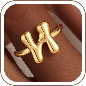 Bubble Initial Ringt- Fashionable Personalized Jewelry Dainty 14K Gold Plated Adjustable Bubble Letter A-Z Rings Womens Gift Trendy Stuff Non Tarnish Ring Birthday Gifts for Women