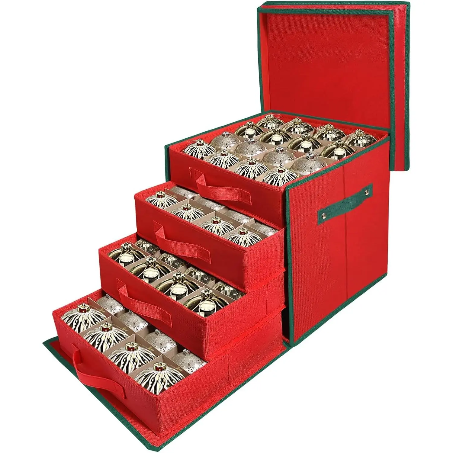 Christmas Ornament Storage Box for 64 3" Ornaments with 4 Individual Trays Xmas Ornament Organizer Container Side Open Removable Trays Adjustable Dividers Durable Tear Proof 600D Oxford Fabric