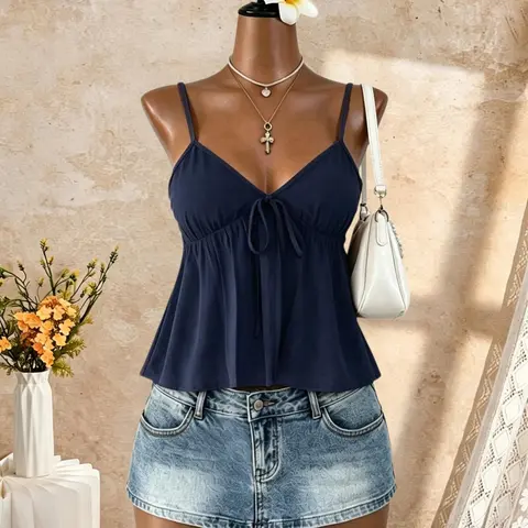 V-Neck Tie Front Ruffle Summer Sleeveless Tank Top, Adjustable Thin Straps, Stylish and Comfortable Design