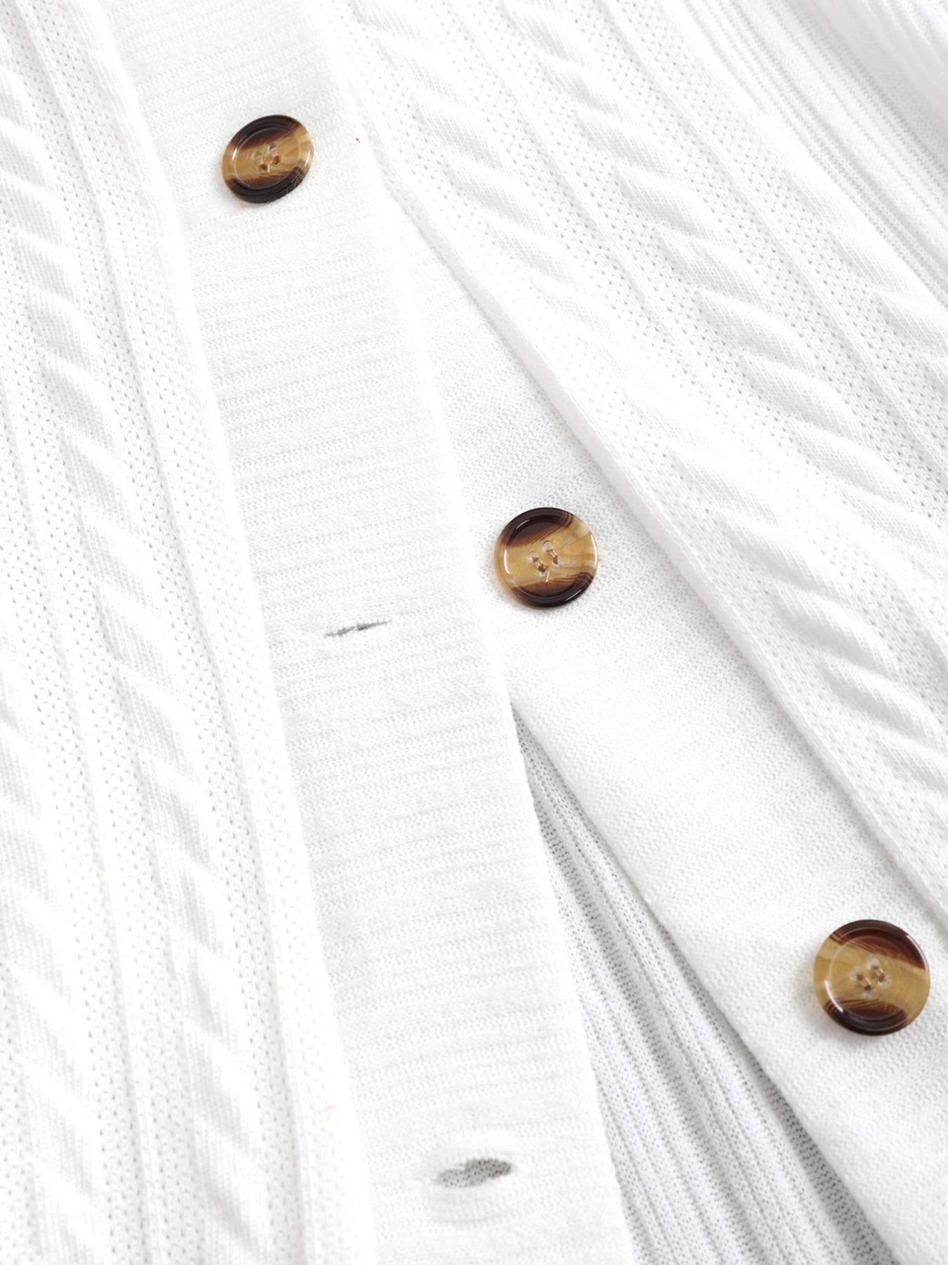 Women's Solid Color Fuzzy Trim Hooded Long Knitted Coat, Casual Long Sleeve Button Front Knitwear Outerwear for Fall & Winter, Ladies Clothes for Daily Wear