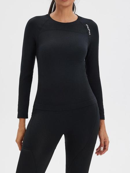 Women's Letter Print Baselayer Top, Long Sleeve Round Neck Compression Top for Yoga Gym Workout, Ladies Sportswear for Fall & Winter, Athletic Compression Shirt