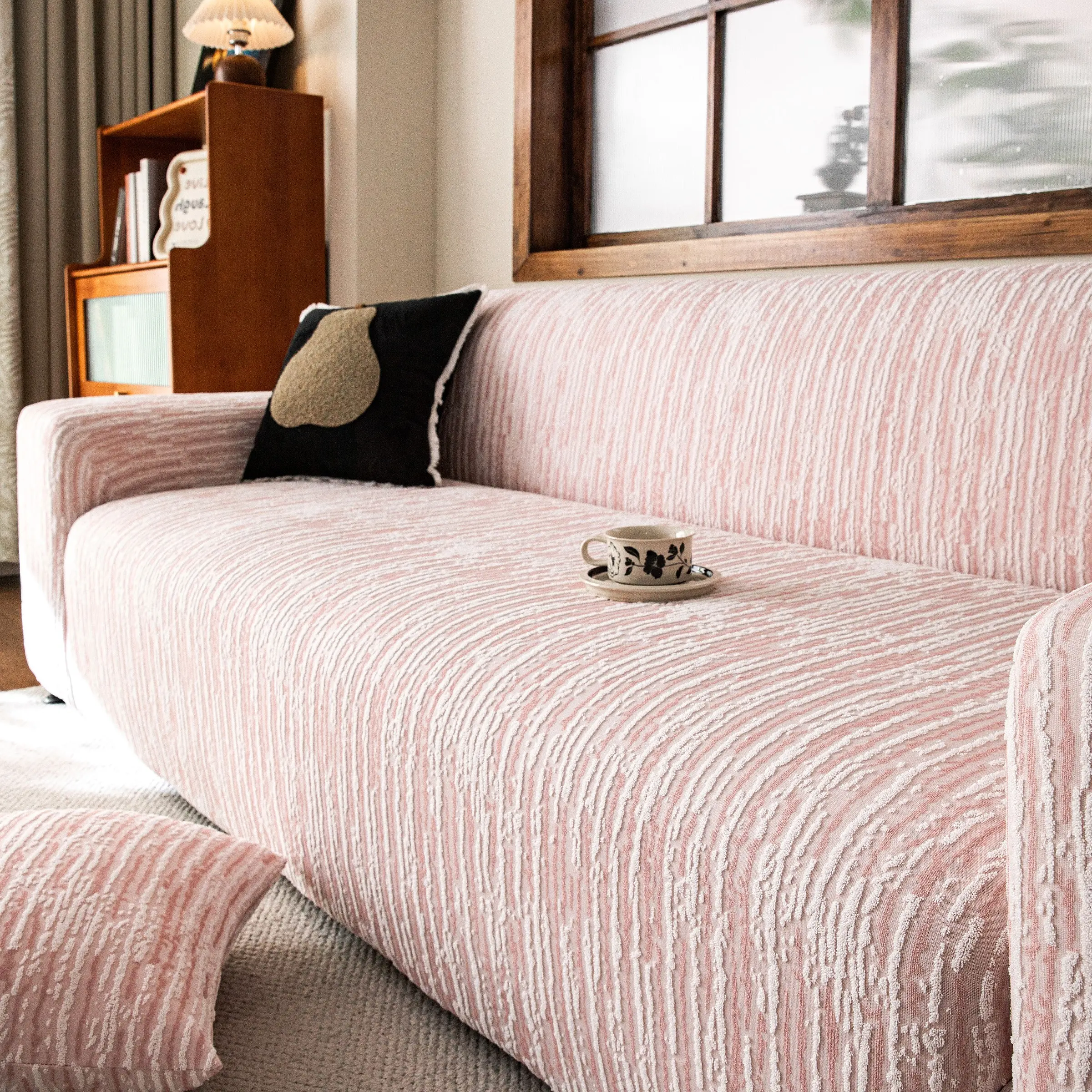 1pc Vertical Stripe Embroidered Sofa Cover, Non-Slip, Scratch-Resistant, Pet-Friendly, Fits Straight Sofas, All Seasons