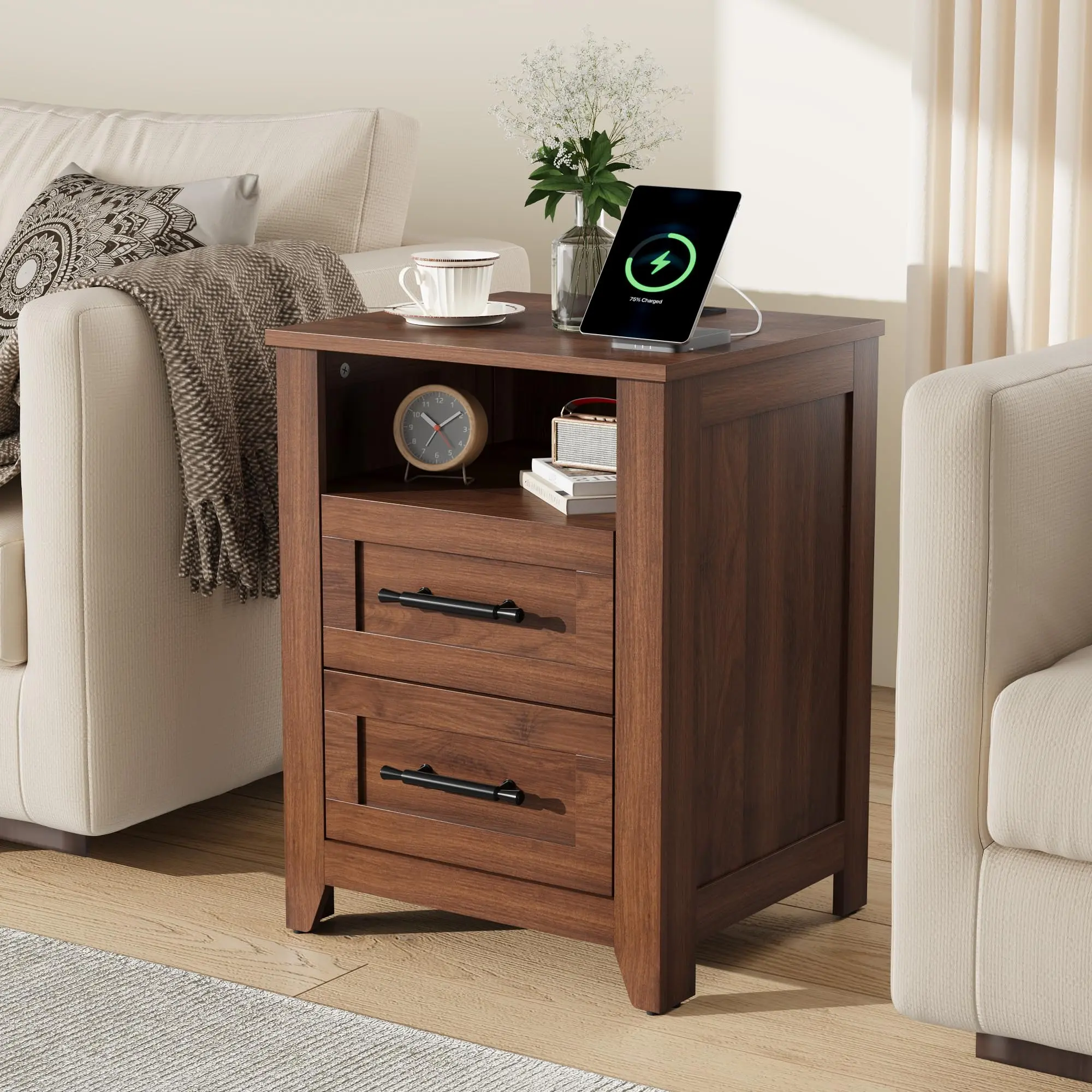 Brown Farmhouse Nightstand - 2-Drawer with Open Shelf & Built-in Charging Station - Brown Accent Country Style Bedroom Furniture - End Table for Bedroom, Living Room, Brown Accent Bedroom Furniture