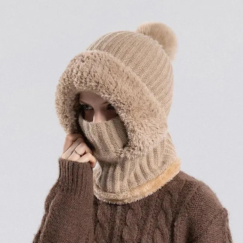 Women Hooded Cap Winter Velvet Knitted Skullies Beanies  Ear Protection Fluffy Hat, Mask Neck Integrated Warmth Cover Hat Fit Outdoor Activity