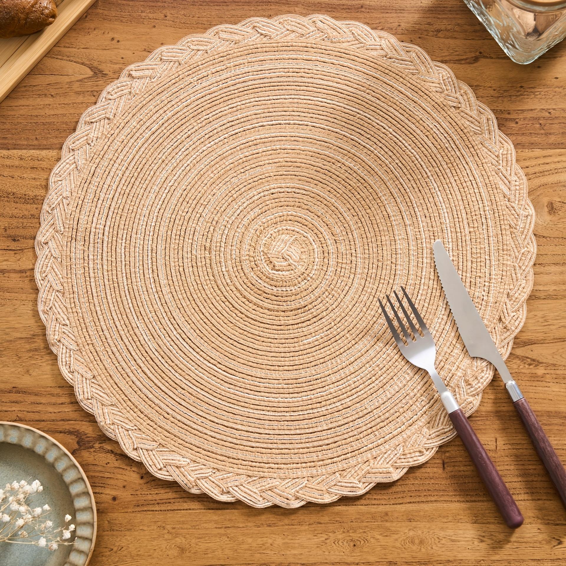 4/6/12pcs Round Woven Placemats with Lace Trim, 29.97 cm - Solid Color Options, Retro Style Kitchen Table Decor Mats for Bowls & Cups, Non-Slip Pads Suitable for Holiday Gatherings, Birthday Parties, Wedding Dinners, and Home Décor