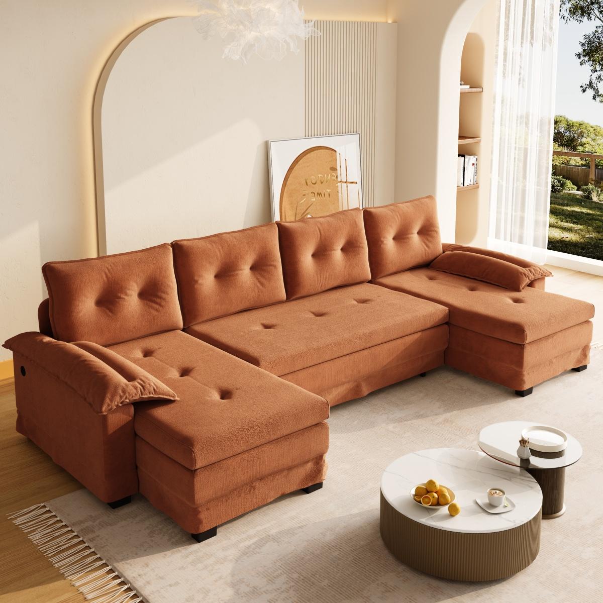 109.5" U-Shaped Sleeper Sofa with Pull Out Bed,2 in 1 Convertible Couch Bed with Removable Armrests & USB Ports,Oversized Sectional Modular with Chaise Lounge for Living Room/Apartment,Orange    RR