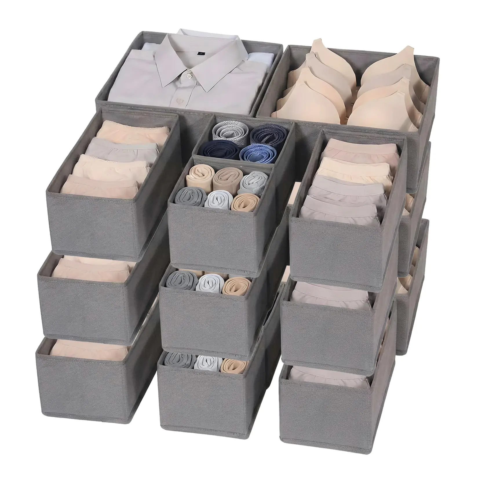 Space-Saving Collapsible Fabric Drawer Organizer Boxes, 18-Piece Set of 3 Sizes - Grey Dresser Bins for Baby Clothes, Underwear, Bra, Sock, Closet Divider for Bedroom, Nursery