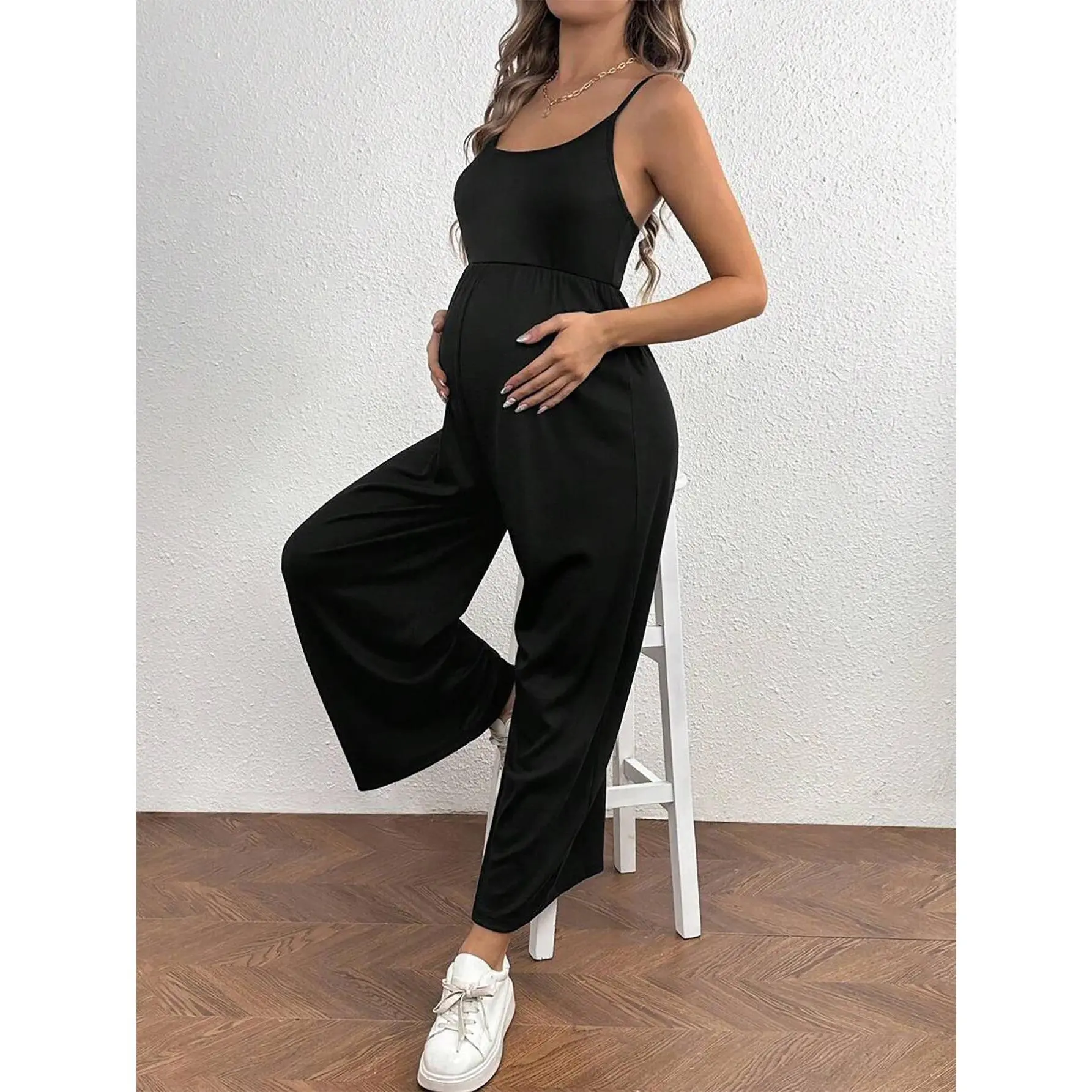 Pregnancy clothesMaternity Stretch Jumpsuit with Suspenders, Casual Solid Black Loungewear for Summer Sports and Versatile Wear, Maternity Clothing