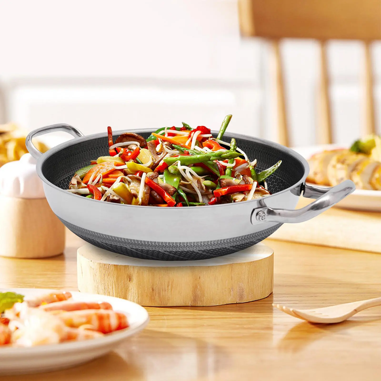 Nonstick Deep Frying Pan with Glass Lid, 316 Stainless Steel Deep Skillet for Induction, Gas, Ceramic and Electric Stovetops, Two Handle Hold, Silver Cookware