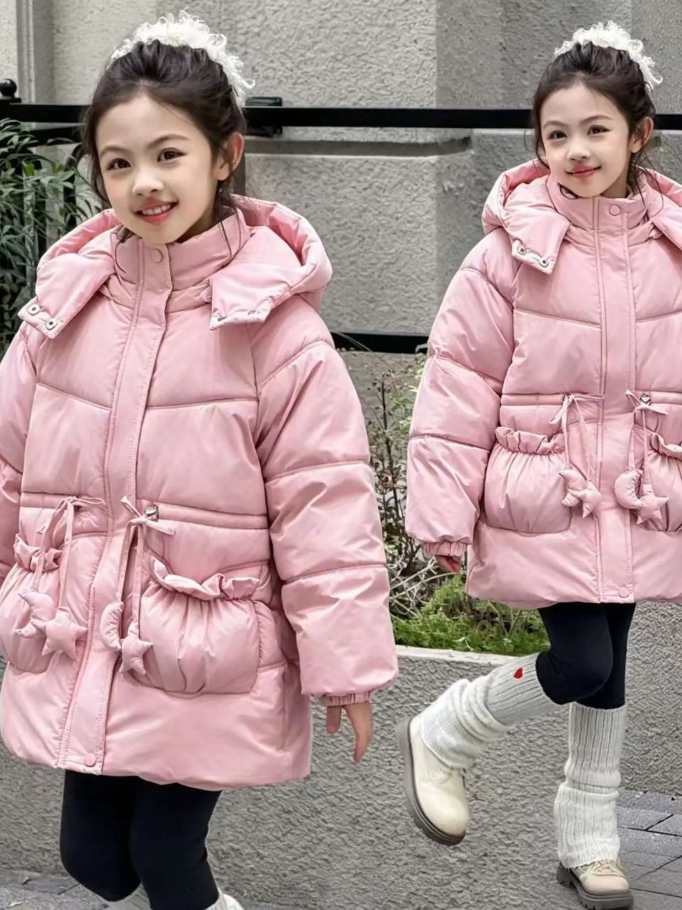 Girls' Winter Waterproof Thick Cotton Coat, Windproof Hooded Jacket, Casual Warm Clothing for Students, Kids' Outdoor Wear, Casual Cute Outerwear