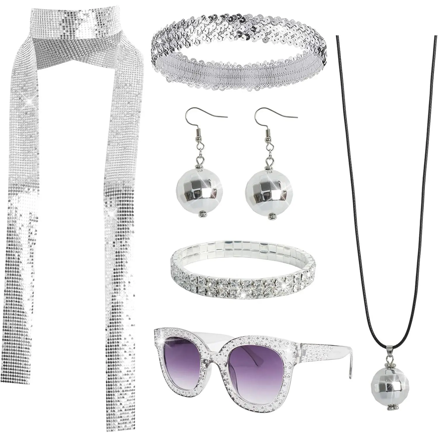 6 count 70s Women Disco Accessories Disco Costume Disco Sequin Scarf Headband  Bracelet Ball Necklace Earring Glasses