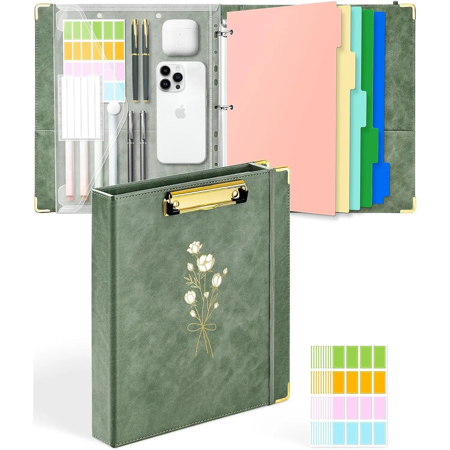 1 Inch 3 Ring Binder with Clipboard Leather Round Ring Binder with 5 Dividers, Plastic Folder, 400 Divider Stikers, Fits 175 Sheets 8.5"x11" Letter Size Paper