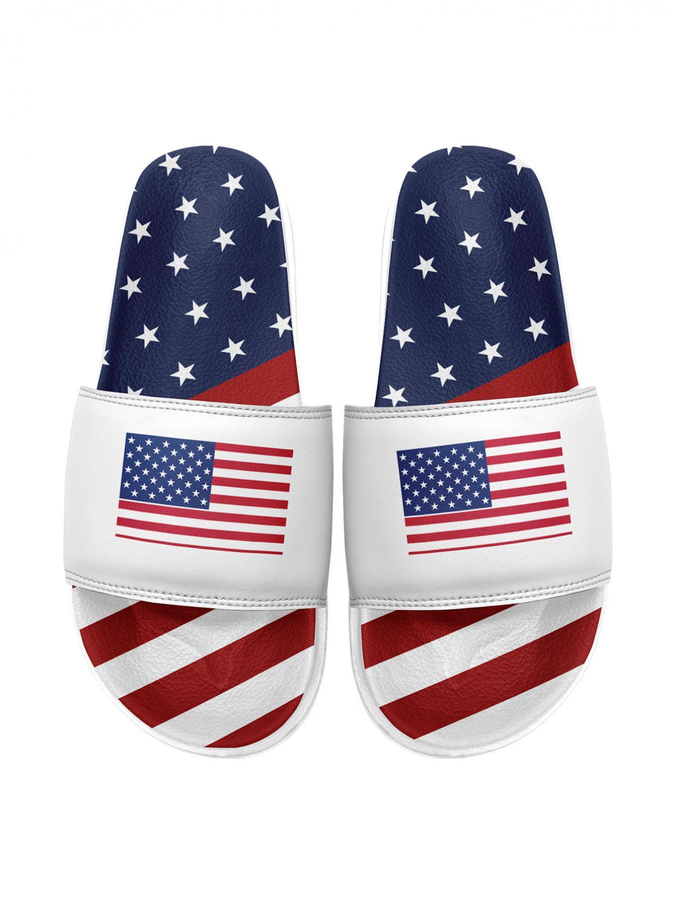 Men's Fashionable Random American Flag Print Slides, Casual Comfortable Durable Slides for Summer, Lightweight Breathable Slides for Beach & Streetwear, Footwear, Lightweight Slipper