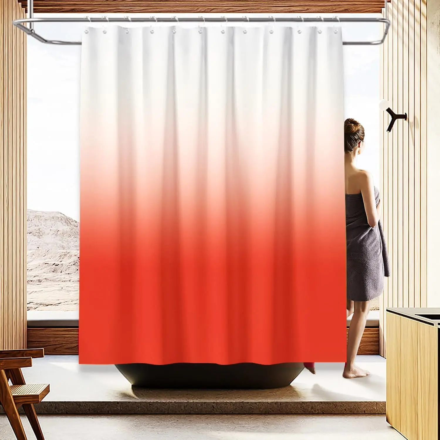 Ombre Orange Farmhouse Printed Fabric Shower Curtain Set, 72" W x L 1-Piece 4-Layer Coated Waterproof Washable Curtain with Weighted Bottom, Grommets & 12 Stainless Steel Hooks