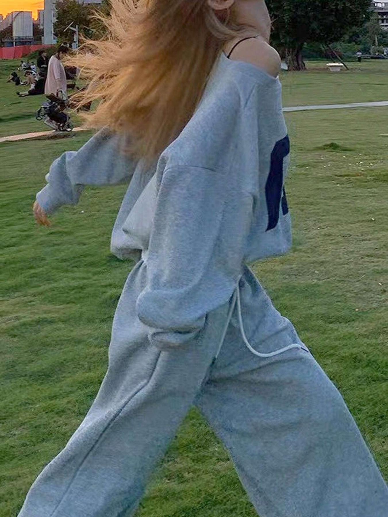 Women's Letter & Number Print Drop Shoulder Fitted Sweatshirt & Drawstring Waist Sweatpants Two-piece Set, Casual Fashion Cozy Breathable Two Piece for Daily Wear, Ladies Spring & Fall Clothes