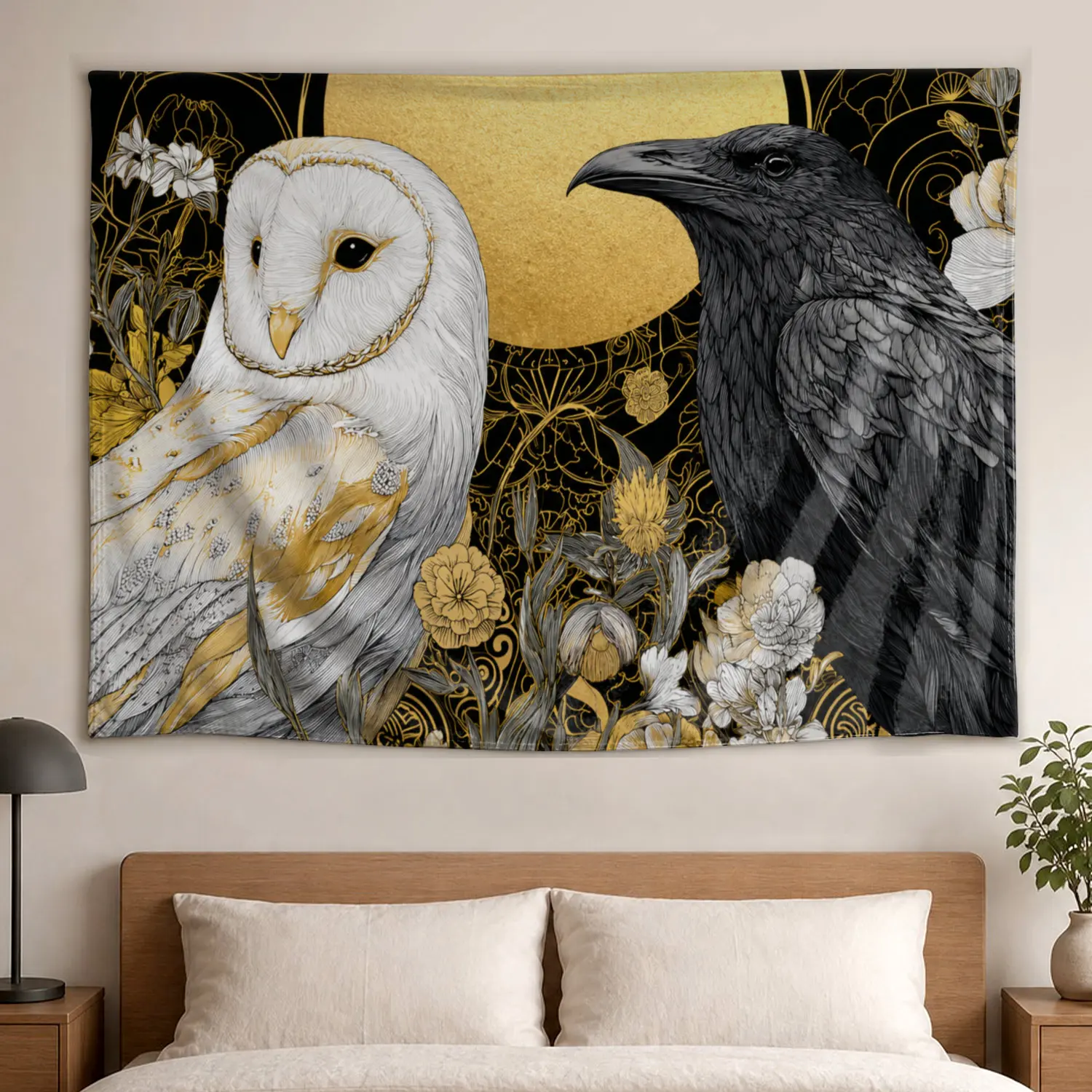 Mystical Owl Raven Golden Moon Floral Wall Tapestry - Large Printed Horizontal Polyester Colorfast Decor Artwork, No-Installation Room Decor Wall Hanging, Gift Idea for Family