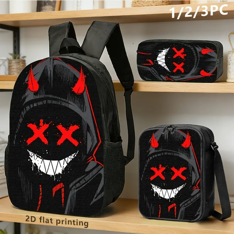1pc/3pcs Backpack, Shoulder Bag, Pouch • Devil 2D Print • Ideal For Urban Youth In Commute, Travel, Daily Use, Unisex Travel Backpack, Durable School Bag for School, College & Daily Use, 17in Bookpack