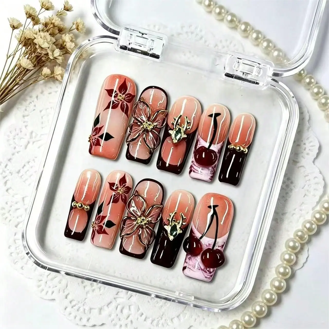 10 PCS Handmade Square Press-On Nails | Y2K Wine Red & Nude Gradient Style With Cherry & Floral Prints, Golden Flower & Deer Accents, Reusable Nail Art For Girls & Women