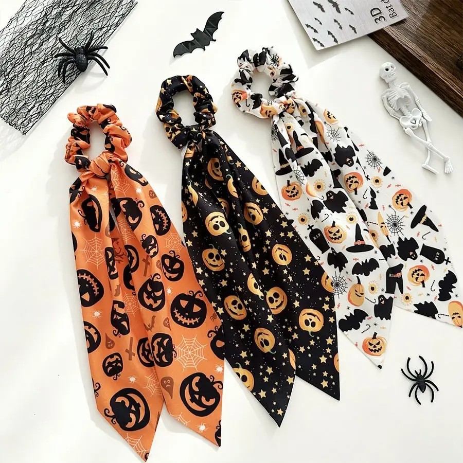 3Pcs Halloween Scarf Scrunchies, Pumpkin Ghost Print Bow Hair Ties, Women Party Hair Accessories