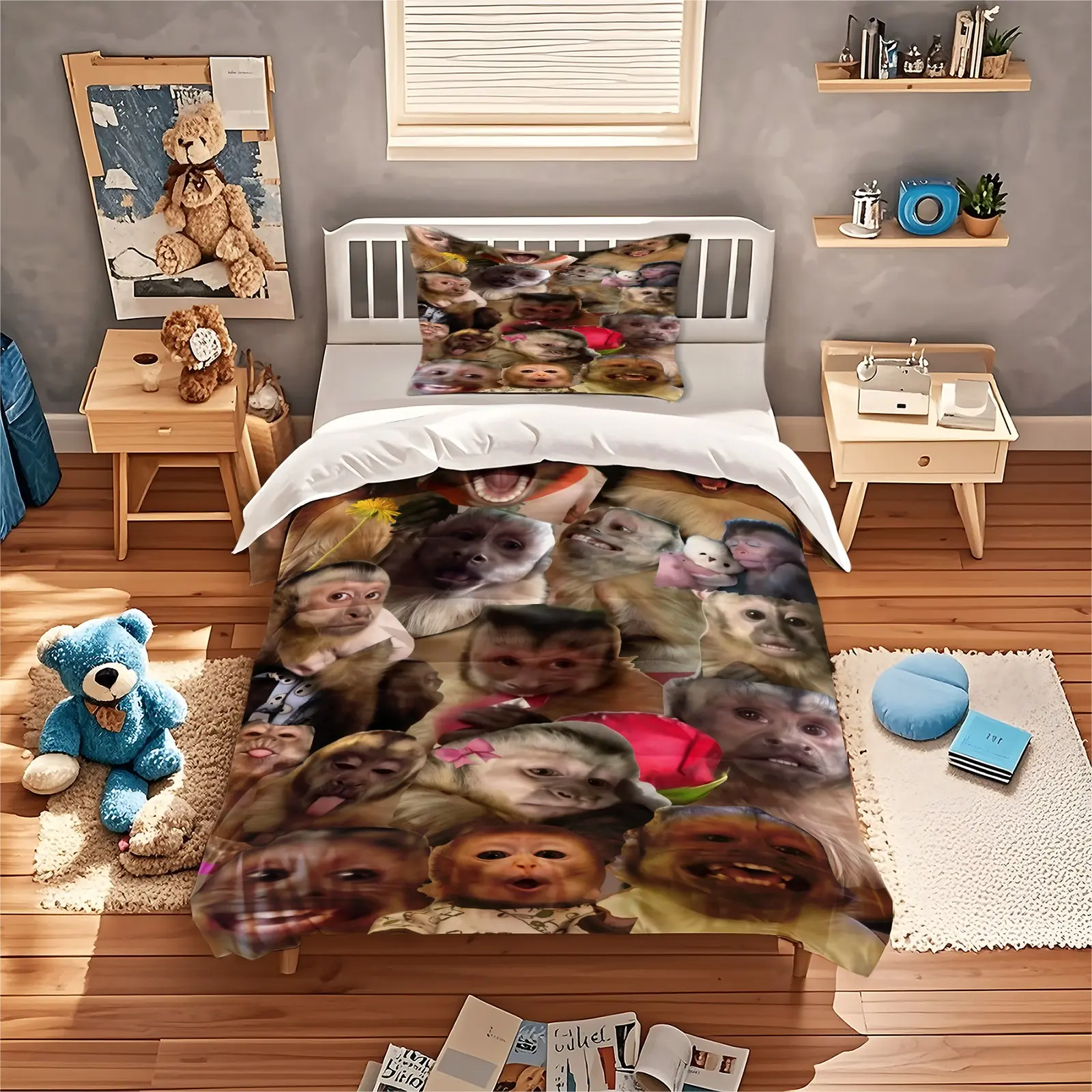 Interesting Monkey Meme Printed Pattern Duvet Cover, Soft, Comfortable And Durable Bedding, Suitable For Bedroom Decoration Gifts For Teenagers And Adults, Including 1 Duvet Cover And 1 Or 2 Pillowcases Without a Core And Pillow