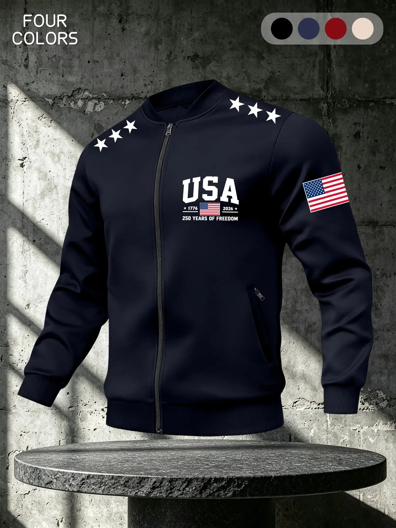 Men's Vintage Usa Flag Jacket, Long Sleeve Peter Pan Collar Outerwear, Zipper Pocket Design, Perfect Gift for Veterans, All Seasons