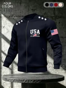 Men's Vintage Usa Flag Jacket, Long Sleeve Peter Pan Collar Outerwear, Zipper Pocket Design, Perfect Gift for Veterans, All Seasons