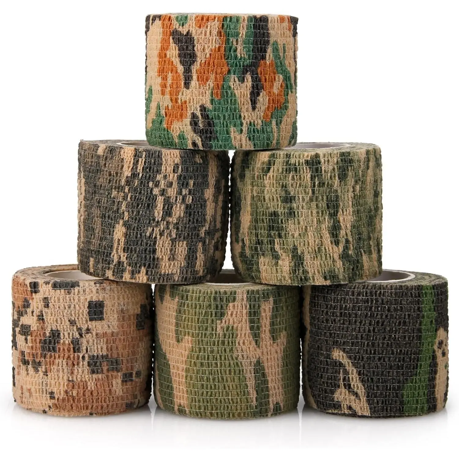 6 Roll Camo Wrap Tape, Camouflage Self-adhensive Form Tape, Elastic Stretch Warp Bandage 2"×16ft for Gun Shooting Bow Flashlight Rifle Hunting Outdoor