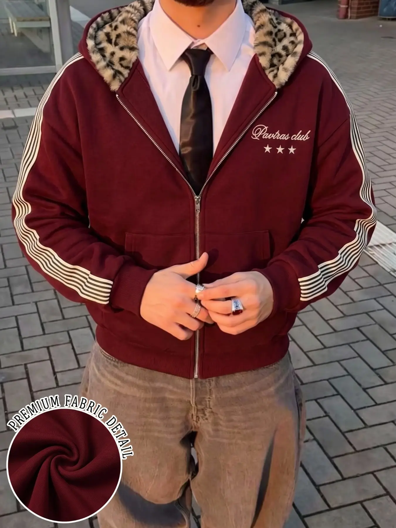 Men's Burgundy Full Zip Hooded Track Jacket, Leopard Lined Hood, White Multi Striped Long Sleeve, Pavtras Club Cursive Script & Three Stars Chest Print Front Pockets Regular Fit Vintage Street Zip Up Hoodie For Fall Daily Casual Wear