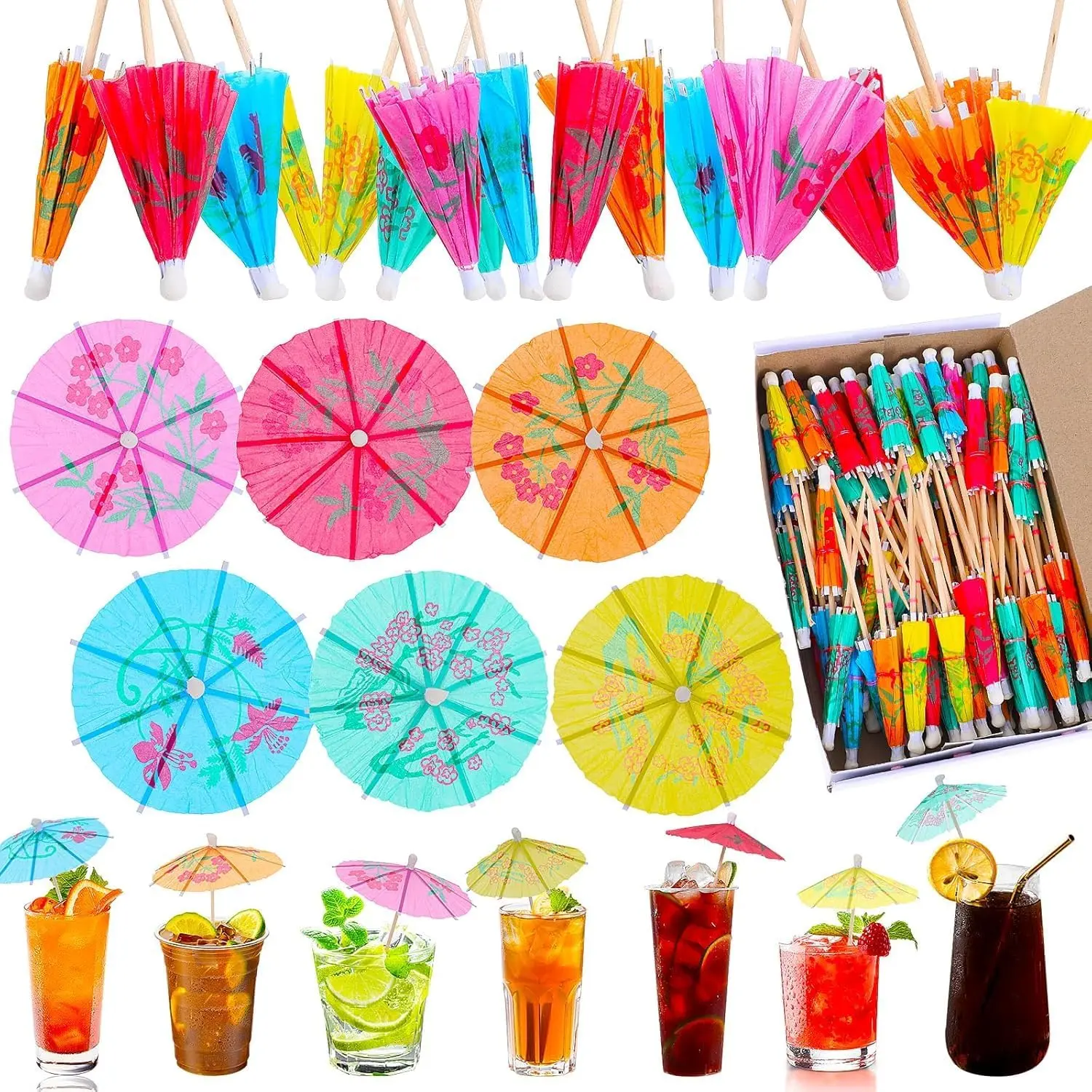 400 Pcs Drink Umbrellas 4 Inch Mini Umbrella Cocktail Drink Picks Paper Umbrellas Picks Cocktail Accessories Assorted Tropical Color Drink Umbrellas for Party Decorations (Exquisite Style)