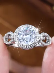 Large Synthetic Zircon Ring, Silver Color Elegant Band, Pavé Small Zircons & Hollow Side Arm Design, High-End Daily Jewelry