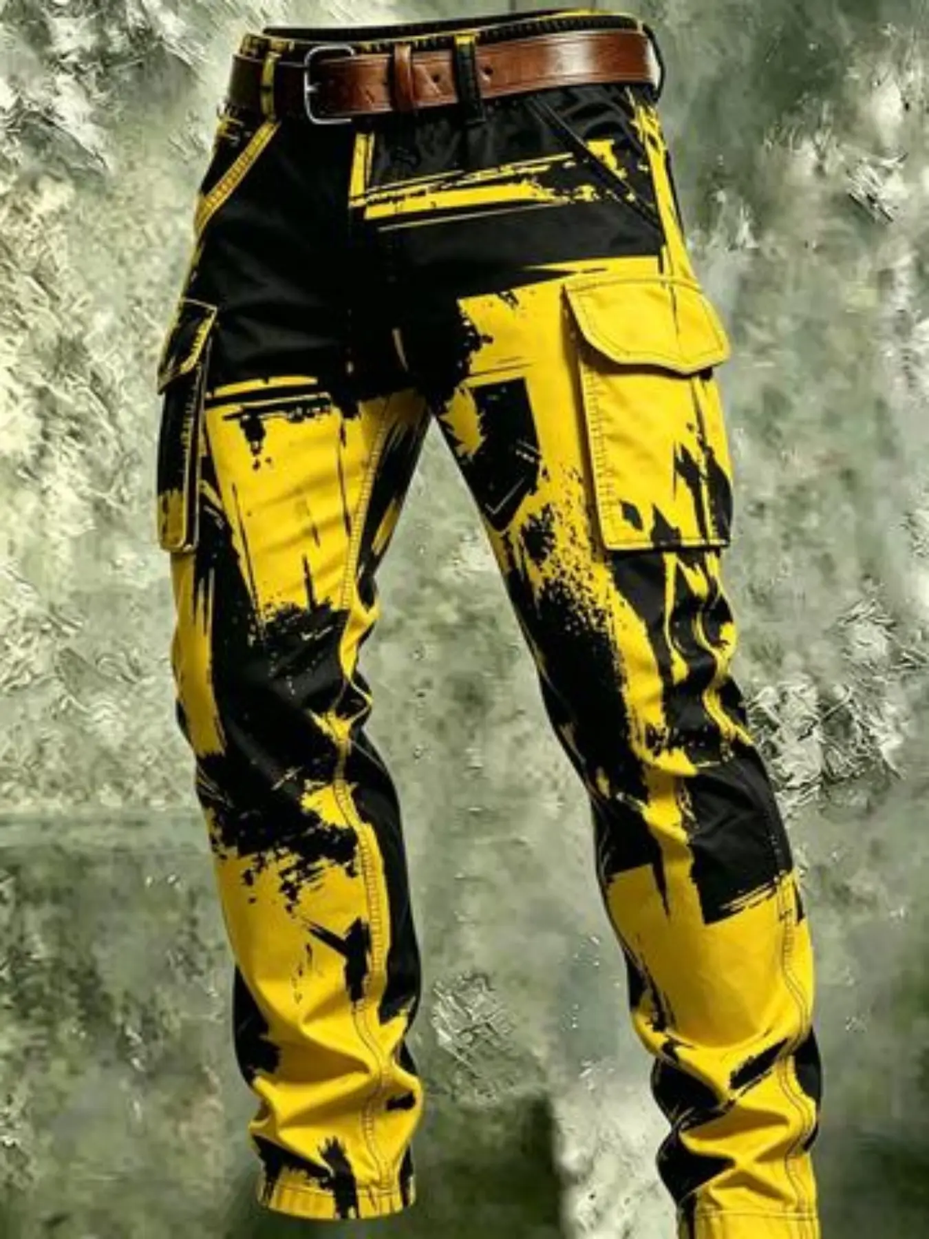 Men's Graffiti Print Cargo Pants, American Hip Hop Street Style, Straight Leg Multi-Pocket Casual Long Pants
