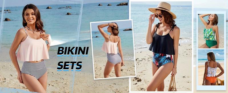 Women's Bikini Swimsuit Two-Piece Swimwear Tummy Control High-Waist Bikini Bottoms Ruffle Top Bikini Set